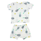 Raw Edge Tee and Shorts Set - Tennis Print - Oyster