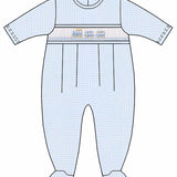 Train Smocked Blue Romper w/ Feet