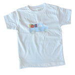 A white short-sleeved toddler t-shirt with a blue truck and school-related items embroidered on the front.