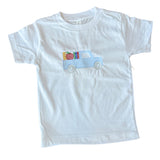 A white short-sleeved toddler t-shirt with a blue truck and school-related items embroidered on the front.