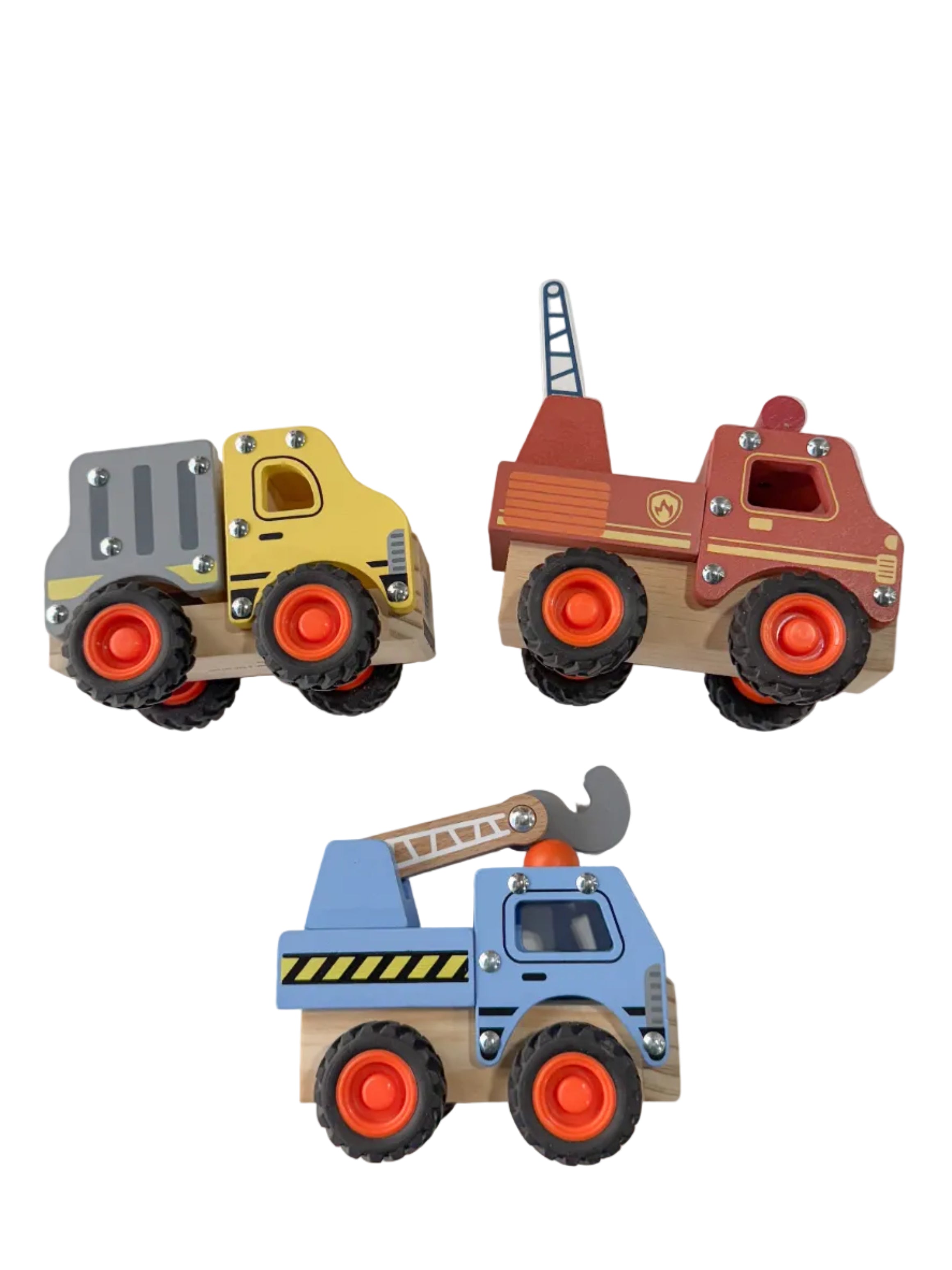 Three toy trucks on a white surface